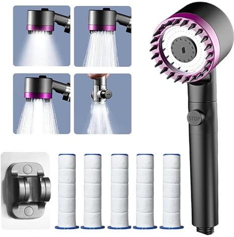 idudu Duschkopf Hochdruck Wassersparend Handbrause Massagedusche mit 4 Modi Halterung Filter Verstellbarer Badezimmer Hautschönheit Sparduschkopf für Erwachsene Kinder Haustiere (Rosa)