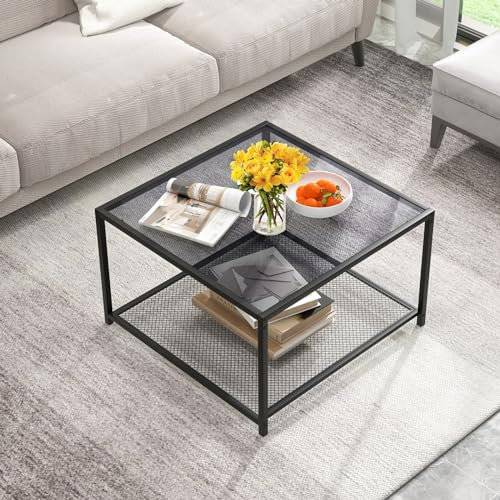 GOPLUS Table Basse Verre Trempé avec Étagère,Table Basse Salon avec Cadre en Métal Robuste, Table d'Appoint en Verre pour Canapé, Charge 50+20KG 70 x 70 x 45 cm(Verre Gris)