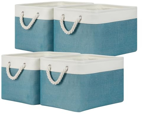 Temary Fabric Storage Baskets 4Pack Storage Bins Decorative Basket for Gift, Clothes Bin with Rope Handle, Rectangle Baskets for Storage, Blankets(White&Teal,15x11x9.5 inch)