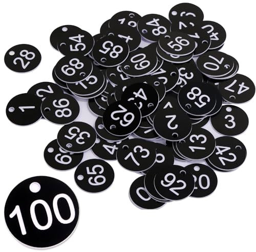 Prampe 100 Stück Nummernschilder aus Kunststoff 1-100, Gravierte Nummernschilder Ø3.5cm, Runde Nummernschilder mit Loch, Schwarze Nummerierte Marken für Organisieren und Sortieren
