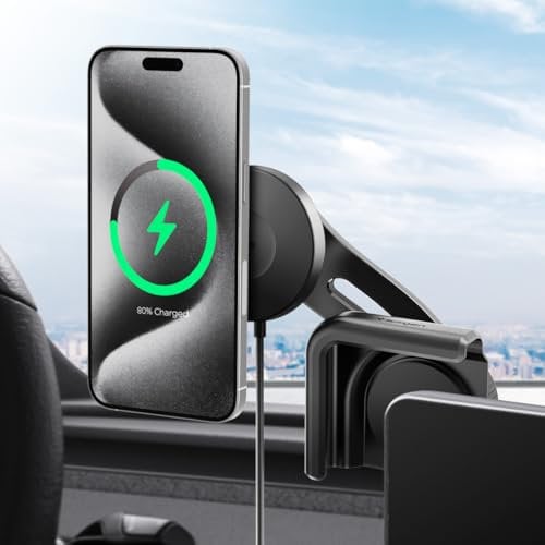 Spigen Tesla Model Y (~Juniper 2025) Model 3 (~2023) MagSafe Handyhalterung mit Ladefunktion【Montage ohne Klebstoff】 Kompatibel mit iPhone 16 15 14 13 12, alle Telefone mit MagSafe-Hüllen