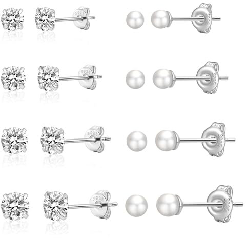 Winzige Ohrstecker aus Sterlingsilber, hypoallergene Ohrringe für Damen, Herrenohrstecker mit Zirkonia, Ohrstecker-Sets für mehrere Piercings, kleine Perlenohrstecker für Damen