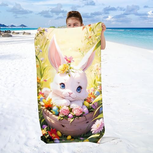 WEQEER Süßer Hase Strandtuch 90x180 cm Märchen Kaninchen Mikrofaser Strandtuch Badetuch Osterhase Strandlaken Handtücher Für Kinder Bad Schwimmen Camping (7,70x140cm)