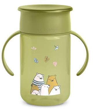 Suavinex, Tazza didattica per bambini, con sistema antigoccia 360 antimacchia con manici e coperchio, lavabile in lavastoviglie e adatta al microonde, 340 ml, per bambini +12 mesi, My Family verde