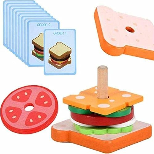 PLAYZOCO Juguete Sandwich para Apilar De Madera, Set de Sándwich Apilable, Juego Educativo, Juguete Cocina niños, Juego de Madera niños, Apto para Mayores de 3 años, Diseño Sandwich
