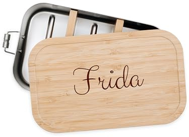 Bärenfreunde Brotdose Edelstahl Kinder personalisiert, Vesperdose Holz | Süße Kindergarten Lunchbox mit Bambusdeckel oder Namen für Kleinkinder, mit Fächern graviert als Geschenk, Dino, Traktor