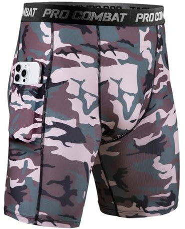 Niksa 1er Pack Herren Kompressionsshorts,Schnelltrocknendes Baselayer Unterhose Tights Kurz hochwertig, Sportshorts mit Handytasche, Brauner Tarnung, XXL