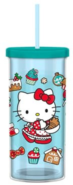 Silver Buffalo Sanrio Hello Kitty Holiday Plastic Tall Cold Cup with Lid and Straw, 20 Ounces