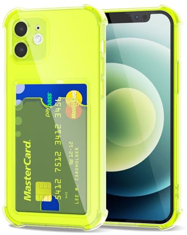 Svanove for iPhone 12 Case Wallet Clear, Card Holder Case with Credit Card Slot, Thin Slim Transparent Silicone Grip Soft Rubber Protective Shockproof Airbag Bumper for Women, Neon Green