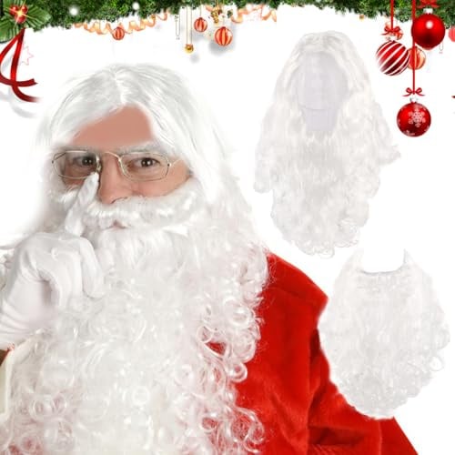 Weihnachtsmann Bart und Perücke, Weiße Santa Beard und Perücke Set, perücke und Bart Set Deluxe, Weihnachtsmann bart, Erwachsene weihnachtsmann Kostüm Accessoires, Weihnachten