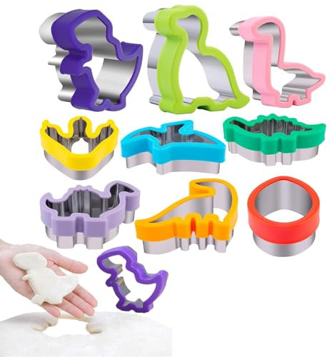 9 PCS Tagliabiscotti per Bambini, Formine Dinosauri in Acciaio Inox con Impugnatura Comfort, Varie Forme Facili da Pulire, Ideali per Feste di Compleanno e Decorazioni Party