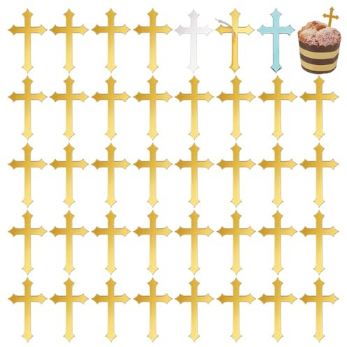 FINGERINSPIRE 40 Stück Cupcake Topper Mit Goldenem Spiegel Und Kreuz 50x30mm Acryl Kuchenaufsatz Kreuz als Taufkuchenaufsatz Für Taufe Babyparty Geburtstag Christliche Dekorationen