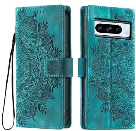 PULTTOLS Handyhülle für Google Pixel 8 Pro Blumen Wallet PU Klappbar Handytasche Schutzhülle Standfunktion Klapphülle mit Kartenfach Handy Tasche Muster Flip Leder Case - Grün