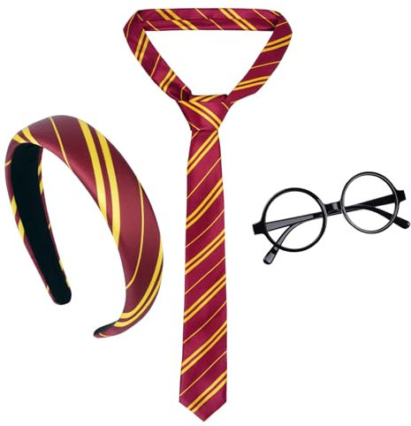 Aomig Zauberer Kostüm Zubehör für Jungen Mädchen 3Pcs Klassiker Cosplay Krawatte Runden Brille Haarreif für Damen Cosplay Party Fasching Karneval Halloween Kostüme Accessoires Set(Rote Gelbe Streifen)