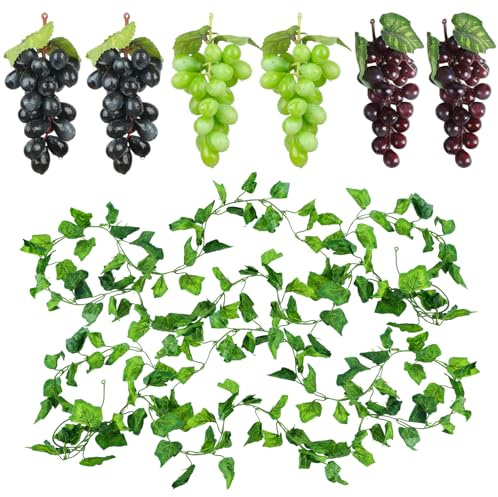 7-Pack Konstgjorda Vindruvor, Dekoration med Vinranka & Växtblad, 3 Färger, Realistiska Simulerade Plastdruvor för Fruktställare & Fruktträdgård, Druvdekoration