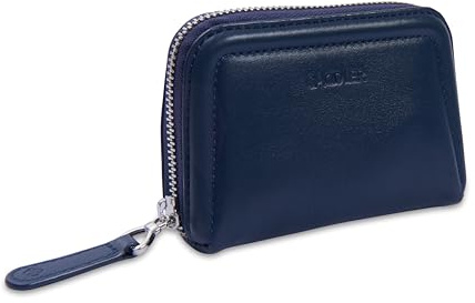 SADDLER Annabelle Genuine Leather Coin Purse Zip Wallet, Gift Boxed Navy | Blocks RFID signals to protect data, with two separate internal sections plus a floral presentation box for easy gifting.