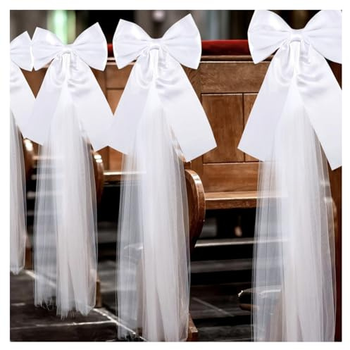 GreatRise Weiß Satin Stuhlschleifen mit Tüllschwänzen Stuhlschärpe Hochzeitsschleifen Autoschleifen Schleife Stuhlbänder für Hochzeit Kirchenbänke Stuhl Auto Kirche Gang Deko 8 Stück
