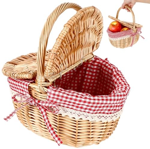 iplusmile Kleiner Weidenkorb mit Deckel und Henkel Geflochten Ovaler Picknickkorb Kinder Rotkäppchen Korb mit Rotem Karostoff, 26x18x15cm