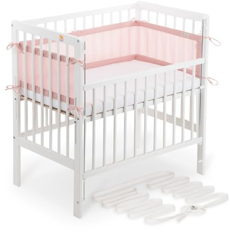 FabiMax Boxspring Baby Beistellbett Flex 90x55, TÜV geprüft, aus Buchenholz weiß lackiert, mit innovativem verstellbarem Seitengitter, passend für Boxspringbetten (Matratze Classic, Rosa)