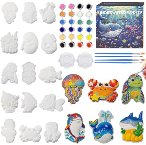 Ptesuply 24 Pcs Paint Your Own Plaster Jungle Animals Painting Kit, DIY Ceramic Arts and Crafts for Kids and Adults, Children Birthday Gift Party Event (Ocean)