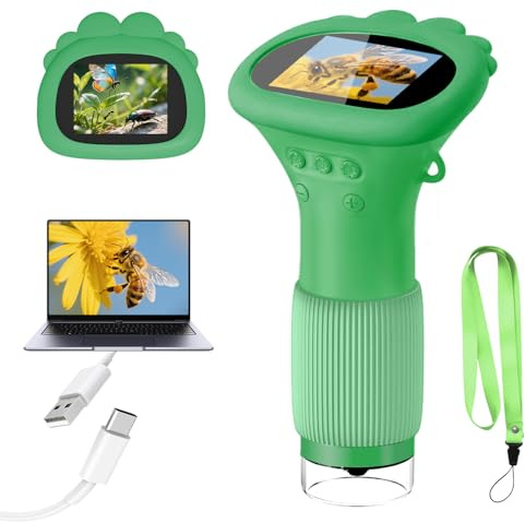 Acoath Mikroskop für Kinder, Digitales Taschenmikroskop mit 2,0 IPS-Bildschirm Lupe 200x Vergrößerung, 8 LED Lights Handy Kindermikroskop für Garten Spielzeug - Grün