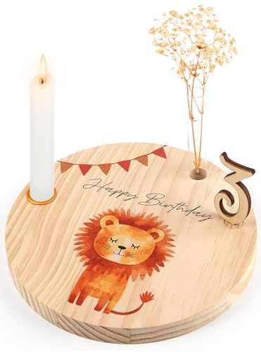 Geburtstagsteller aus Holz, 1. Geburtstag, Löwen-Motiv, Kerzenhalter & Vase | Geburtstagsdeko für Kinder zum ersten Geburtstag, mit Zahlen 0–9, Kunststoff-Vase, Trockenblumen und Metall-Kerzenhalter