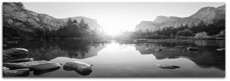 Leinwandfoto als Panorama SCHWARZ/WEISS 120x40cm Yosemite Berge Wald Fluss Sonnenaufgang