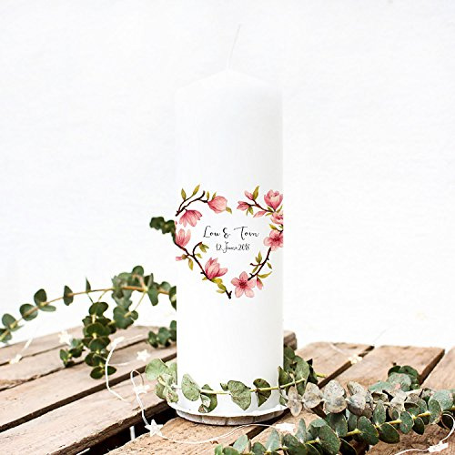 Hochzeitskerze Kerze zur Hochzeit Trauung Traukerze mit Magnolie Blumenherz Wunschnamen & Datum wk50 ilka parey wandtattoo-welt®