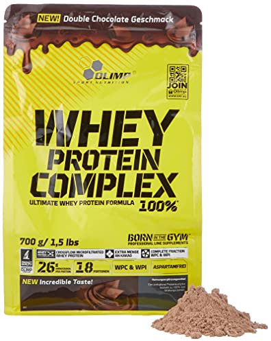 OLIMP- Whey Protein Complex 100%. Hochwertiges Protein Pulver aus Eiweißkombination von Molkeneiweißkonzentrat und Molkeneiweißisolat für den Muskelaufbau. Geschmack: Double Chocolate