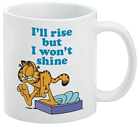 Garfield I'll Rise but I won't Shine - Taza de café de cerámica, tazas de regalo novedosas para café, té y bebidas calientes, 11 onzas, color blanco