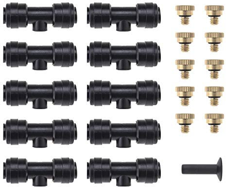 OTOTEC 21 Pcs Water Misting Nozzles Sprinkler Set 10x Slip-Lock Mister Nozzle 10x Thread 10/24 UNC Tees & 1x Plug Cooling System for Greenhouses Garden