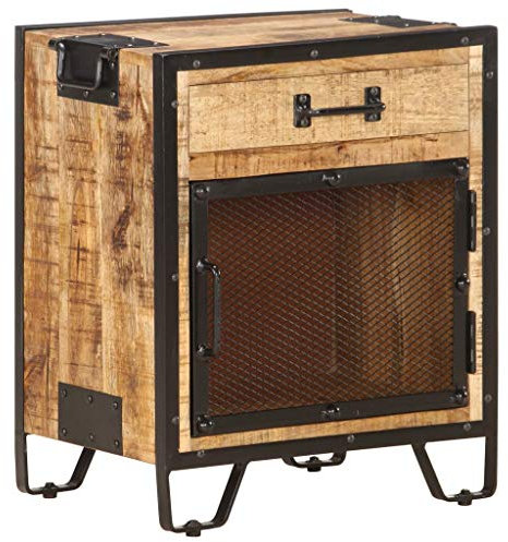 Tidyard Holz-Nachttisch Nachtschrank 43 x 30 x 51 cm Mit 1 Schublade und 1 Stahlgittertür,Schubladenschrank Nachtkommode Sideboard Kommode Schrank Anrichte aus Raues Mango-Massivholz,Stahl