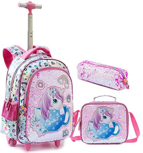 IvyH Kinder Rucksack mit Rädern, Mädchen Schulranzen Trolley Pailletten Schultasche mit Lunchtasche Mäppchen PU Schulrucksäcke Set(Rosa)