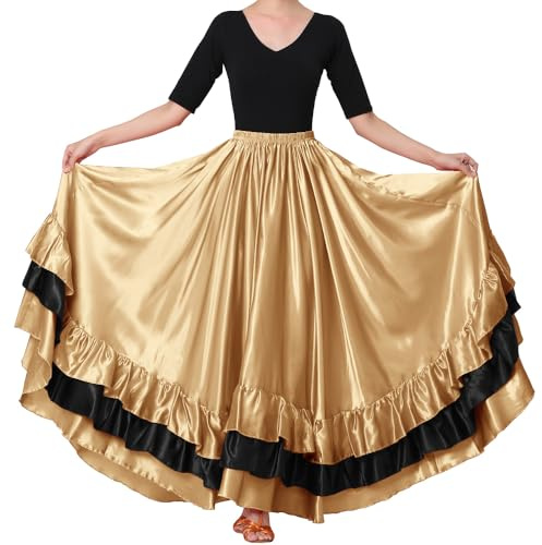 BACKGARDEN Langer Damenrock aus Satin, für spanischen Flamenco-Bauchtanz, Mexiko, Ballett, Folklorico, Performance, Schwarz/Rot, Dunkles Gold, Einheitsgröße