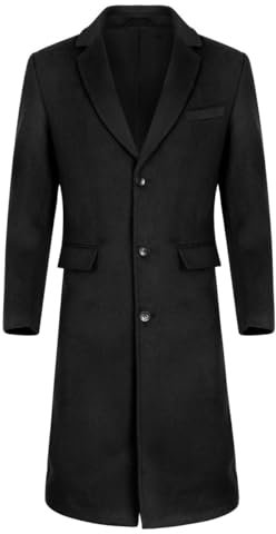 Allthemen Mens Long Winter Coat Wool Slim Fit Outerwear Lapel Collar Trench Coat Business Elegant Coats Black L