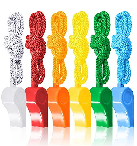 ANTEVIA - Lot de 6 sifflets de Sport avec Corde pour Enfant | Plus DE 10 MODÈLES | Matière: Plastique | Couleurs: Blanc Bleu Jaune Orange Rouge Vert (Claxo)