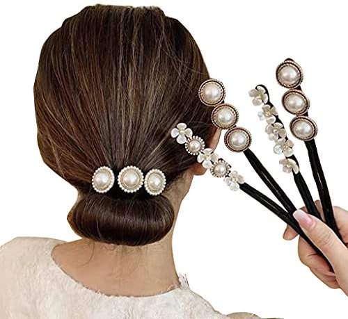 Happyupcity Magischer Haarknotenmacher für Damen, mit Peal und Blume, für Pferdeschwanz, Dutt, Haar-Accessoire, Haar-Styling-Werkzeug, 4 Stück