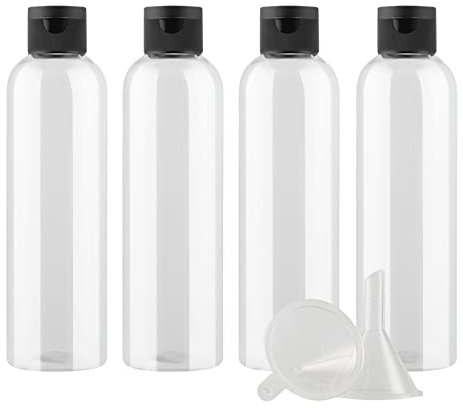ZEOABSY 4 Pièces 200 ML Transparent Bouteille en Plastique avec Bouchon à Charnière Noir, DIY Vider Bouteille Ronde en PET de Voyage pour Cosmétiques Liquides