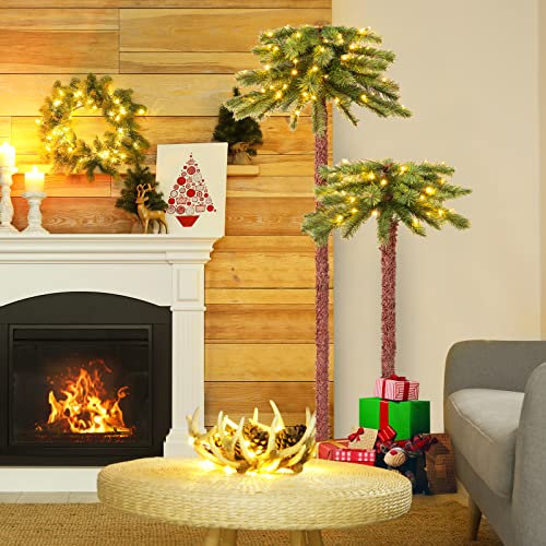GOPLUS 2er Set künstlicher Weihnachtsbaum, 152,5/107cm doppelstämmige Tropische Weihnachtspalme mit 100 warmweißen LED-Lichtern & Metallständer, Christbaum für Zuhause, Büro & Ladenschränke