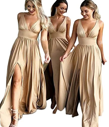 BUJNIE Robe de Demoiselle d'Honneur Fendue sur le Côté Col en V Champagne Doré - Longue Robe Élégante pour Femme pour Fête de Mariage - Grande Taille
