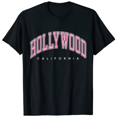 Testo rosa stile college Hollywood California CA Maglietta