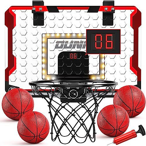 TEMI Basketball Hoop Indoor, LED Lights and Sounds Basketball Hoop with 4 Balls & Electronic Scoreboard, Over The Door Basketball Hoop, Basketball Gifts 3 4 5 6 7 8 9 10 Years Boys Girls Kids Teen
