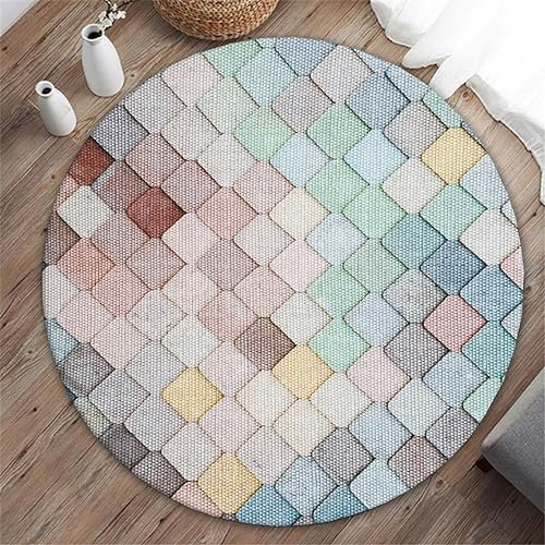 Highdi Teppich Rund Modern rutschfest Waschbar Bunt Schlafzimmer Teppiche, Geometrie Innenbereich Polyester Runder Teppich fürs Wohnzimmer Flur Kinderzimmer Büro (100cm,Grün bunt)
