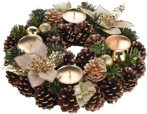 Adventskranz mit Zapfen, goldenen Kugeln und Stoff Blüten - Weihnachtsdekoration, Adventsgesteck, Deko Advent Weihnachten