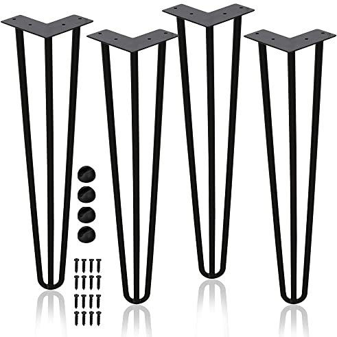 Ansobea Lot de 4 pieds de table en épingle à cheveux - En métal noir - Avec pieds à 3 barres - Pour bureau, table et table basse - Avec protection de sol et vis (30 cm), FJTZF-100911