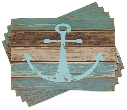 ABAKUHAUS Anker Platzmatten 8 Stück, Digitale Illustration Muster Maritim Thema Symbol Grunge Stil Holzplanken, Waschbare Stoff Esszimmer Küche Tischdekorations Digitaldruck, Braun Meeresschaum