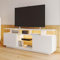 PUGSDRLY Meuble TV avec éclairage LED - Meuble TV bas avec 5 compartiments de rangement ouverts et 2 espaces de rangement - Meuble de rangement avec compartiment en verre pour TV de 60 (blanc, 140 x