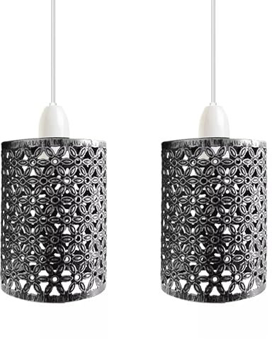 2 Pack of Industrial Style Brushed Silver Metal Cage Lampshade – Easy Fit Wire Cage Light Shade for Indoor Pendant Lights for Dining Room, Bedroom, Loft, and Hallway (Brushed Silver - 2 Pack)
