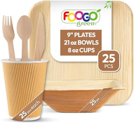 FOOGO Green 150pcs Disposable Palm Leaf Plates and Bowls, Paper Cups and Wooden Cutlery Set, FSC® Certified, 25x Large Square Plates, 25x Bowls, 25x Cups, 25xForks, 25xKnives, 25x Spoons, Eco Friendly