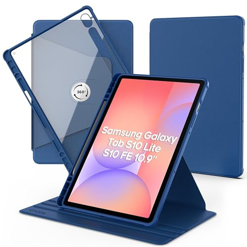 Hülle Samsung Galaxy Tab S10 FE/S9 FE 10,9 / S9 11 mit S Pen Halter | 360 Grad Drehbare Schutzhülle Acryl Transparente Rückseite Stoßfest Grenze (Meerblau)